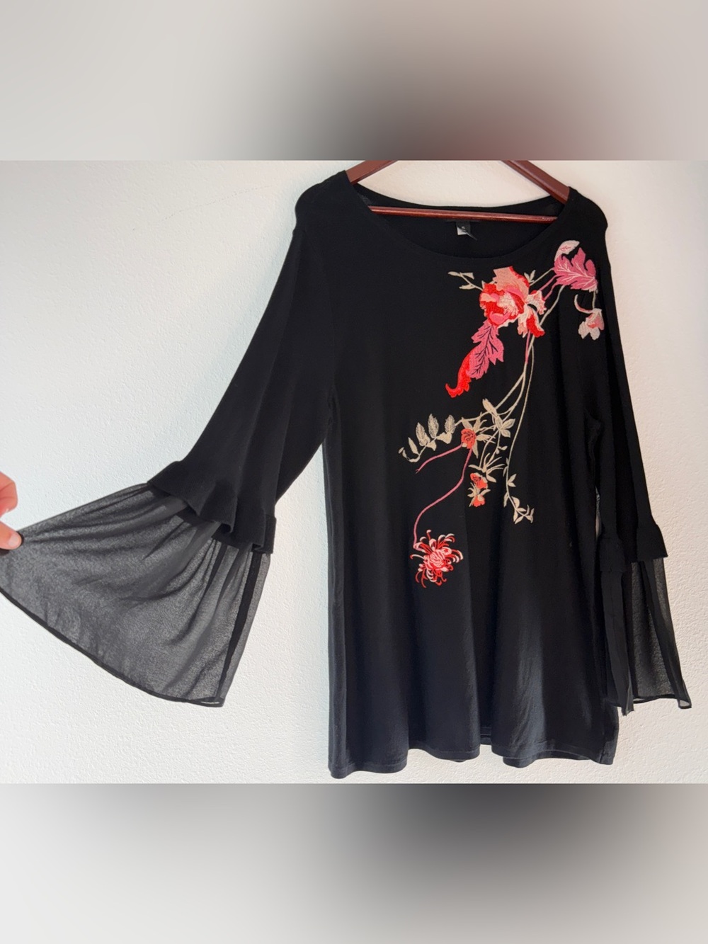 Alfani Black Floral Embroidered Tunic Top‎ Fairy Grunge Boho Bell Sleeve XL